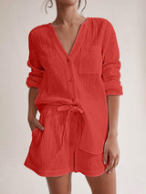 Notched Long Sleeve Top and Shorts Set - Trendsi - Flyclothing LLC