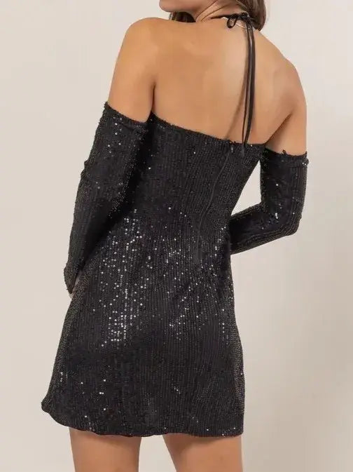 HYFVE Sequin Rosette Halter Mini Dress - Trendsi - Flyclothing LLC