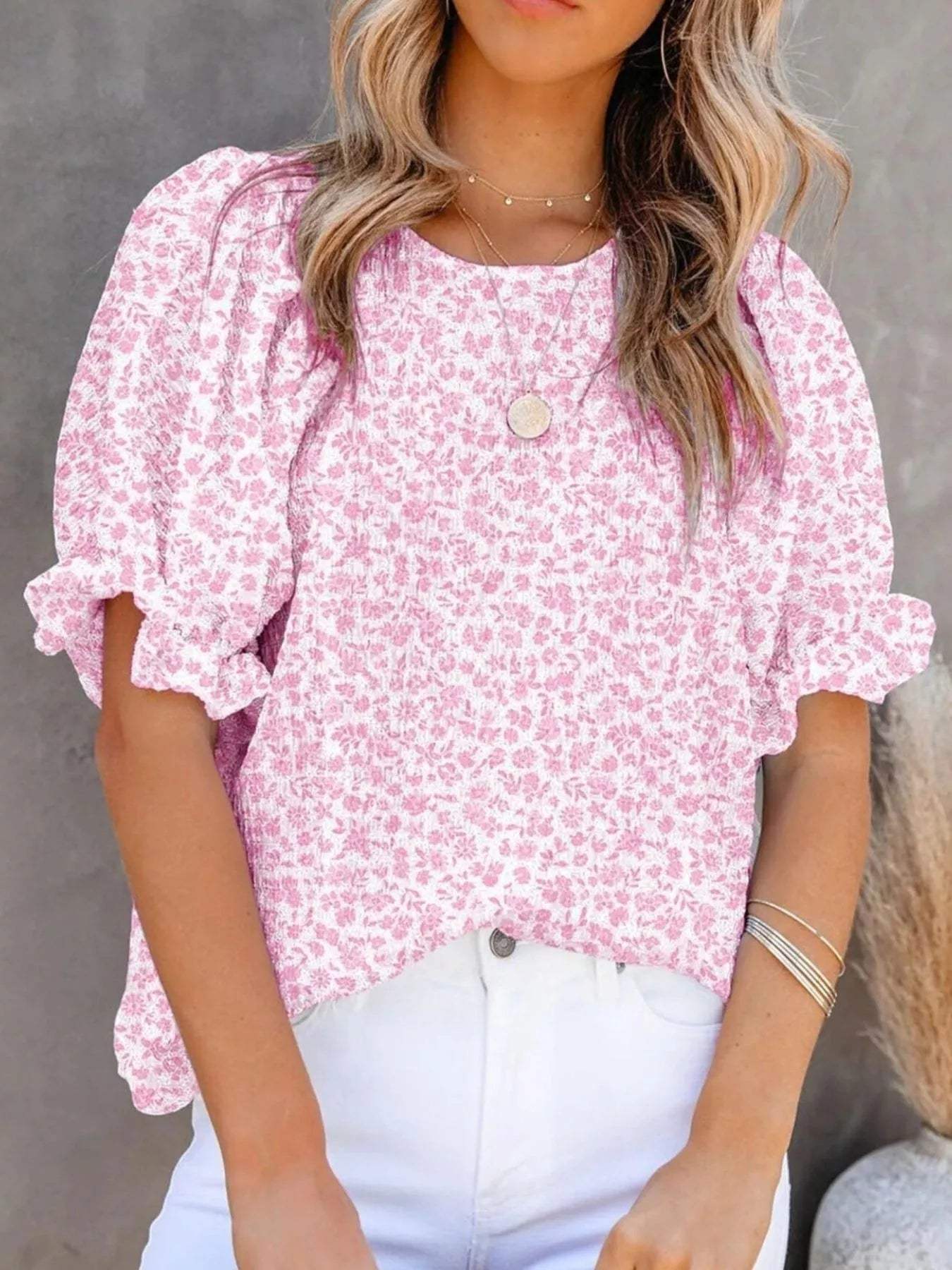 Full Size Floral Print Ruffle Sleeve Blouse Plus Size - Trendsi - Flyclothing LLC
