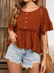 Frill Decorative Button Round Neck Half Sleeve Blouse - Trendsi