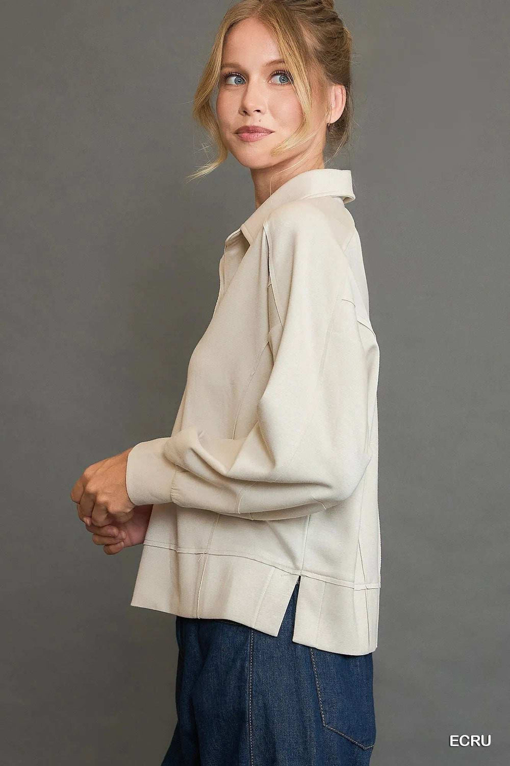 Umgee Collared Neck Long Sleeve Top with Raw Hem Detail - Trendsi - Flyclothing LLC