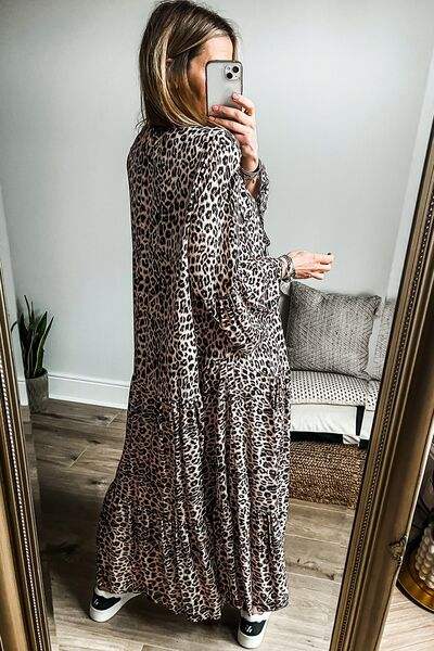 Leopard Notched Long Sleeve Maxi Dress - Trendsi - Flyclothing LLC