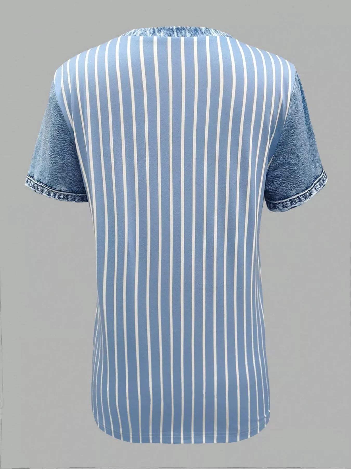 Denim Patchwork Short Sleeve Blouse - Trendsi - Flyclothing LLC