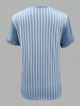 Denim Patchwork Short Sleeve Blouse - Trendsi - Flyclothing LLC