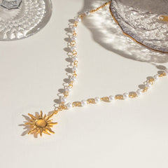 18K Gold-Plated Pearl Sun Necklace - Trendsi