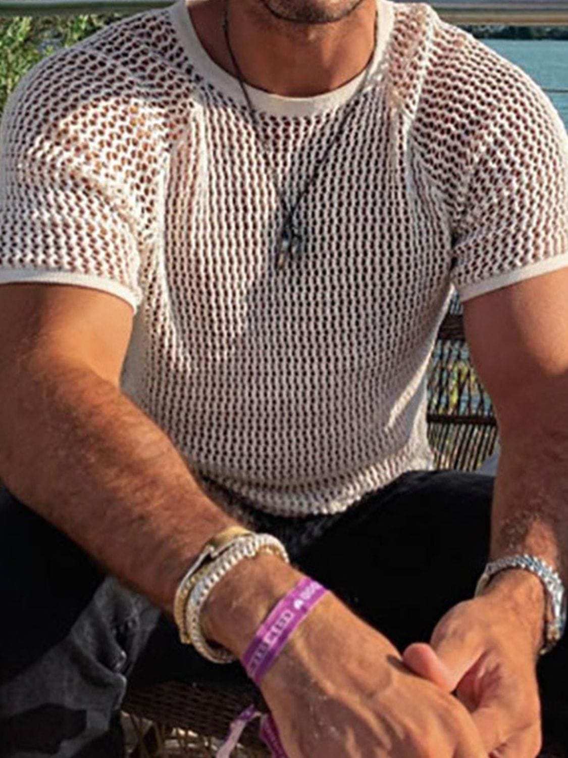 Men's Openwork Round Neck Short Sleeve T-Shirt - Trendsi - Flyclothing LLC