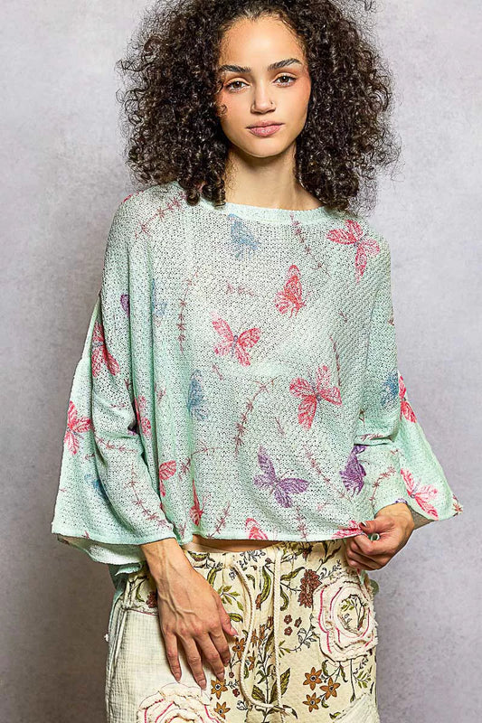 POL Butterflies Pattern Round Neck knit Top with Outseam Rolling Edge - Trendsi - Flyclothing LLC