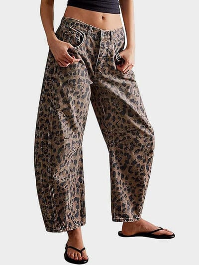 Leopard Wide Leg Jeans - Trendsi