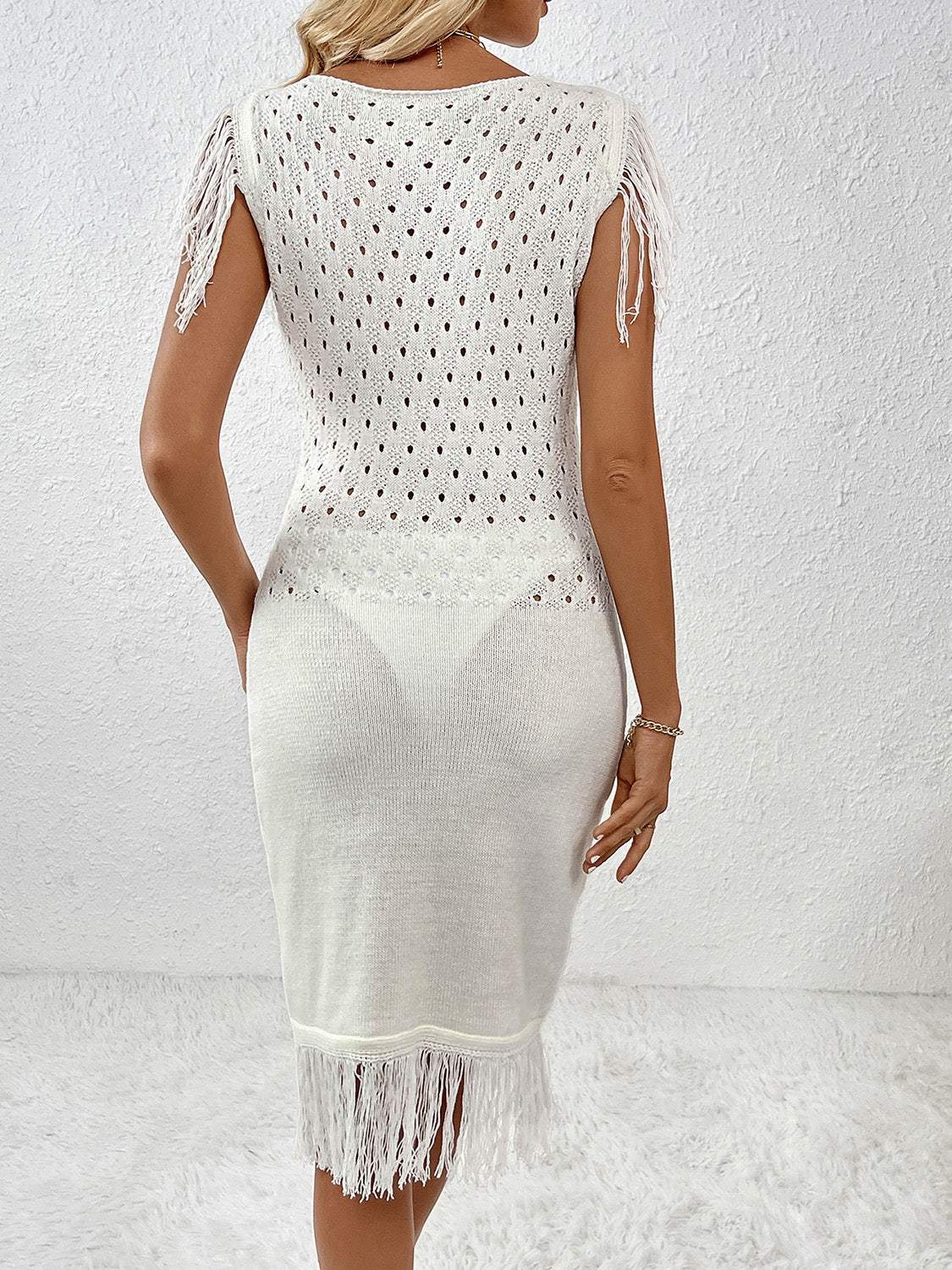Fringe Openwork Boat Neck Knit Dress - Trendsi - Flyclothing LLC