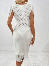 Fringe Openwork Boat Neck Knit Dress - Trendsi - Flyclothing LLC
