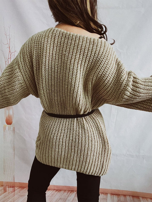 Boat Neck Long Sleeve Sweater with Belt - Trendsi