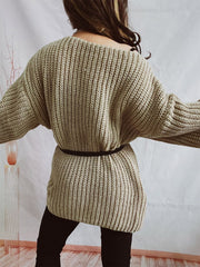 Boat Neck Long Sleeve Sweater with Belt - Trendsi