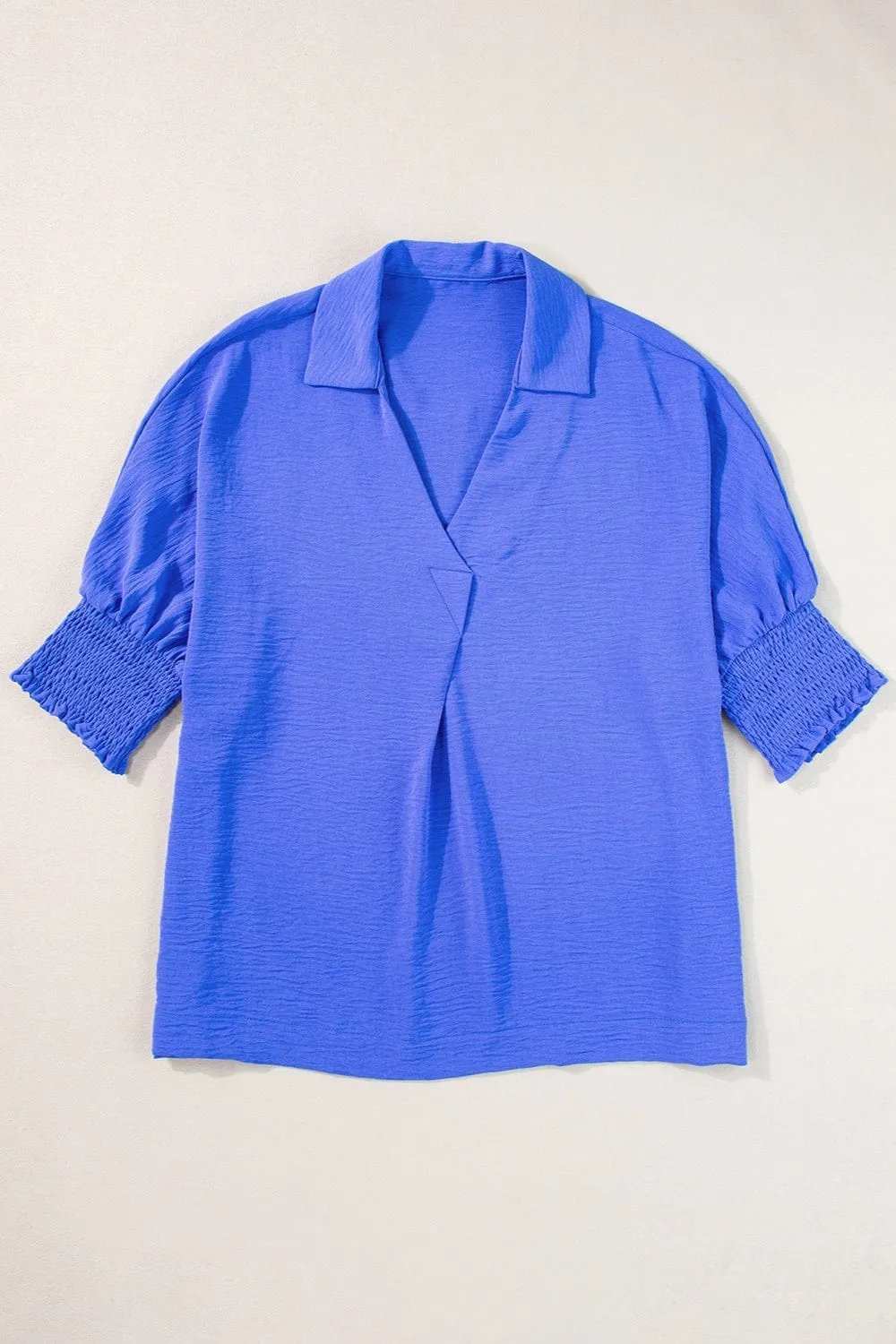 Smocked Johnny Collar Half Sleeve Blouse - Trendsi - Flyclothing LLC