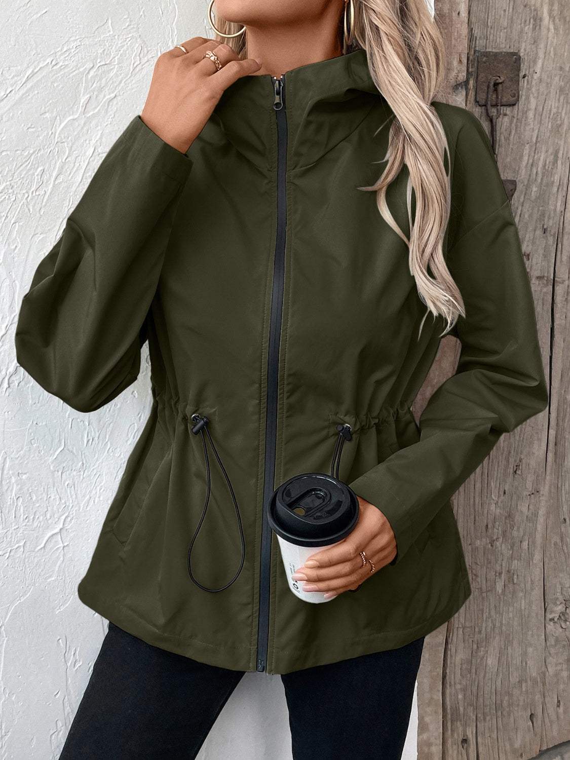 Drawstring Zip Up Hooded Jacket - Trendsi - Flyclothing LLC