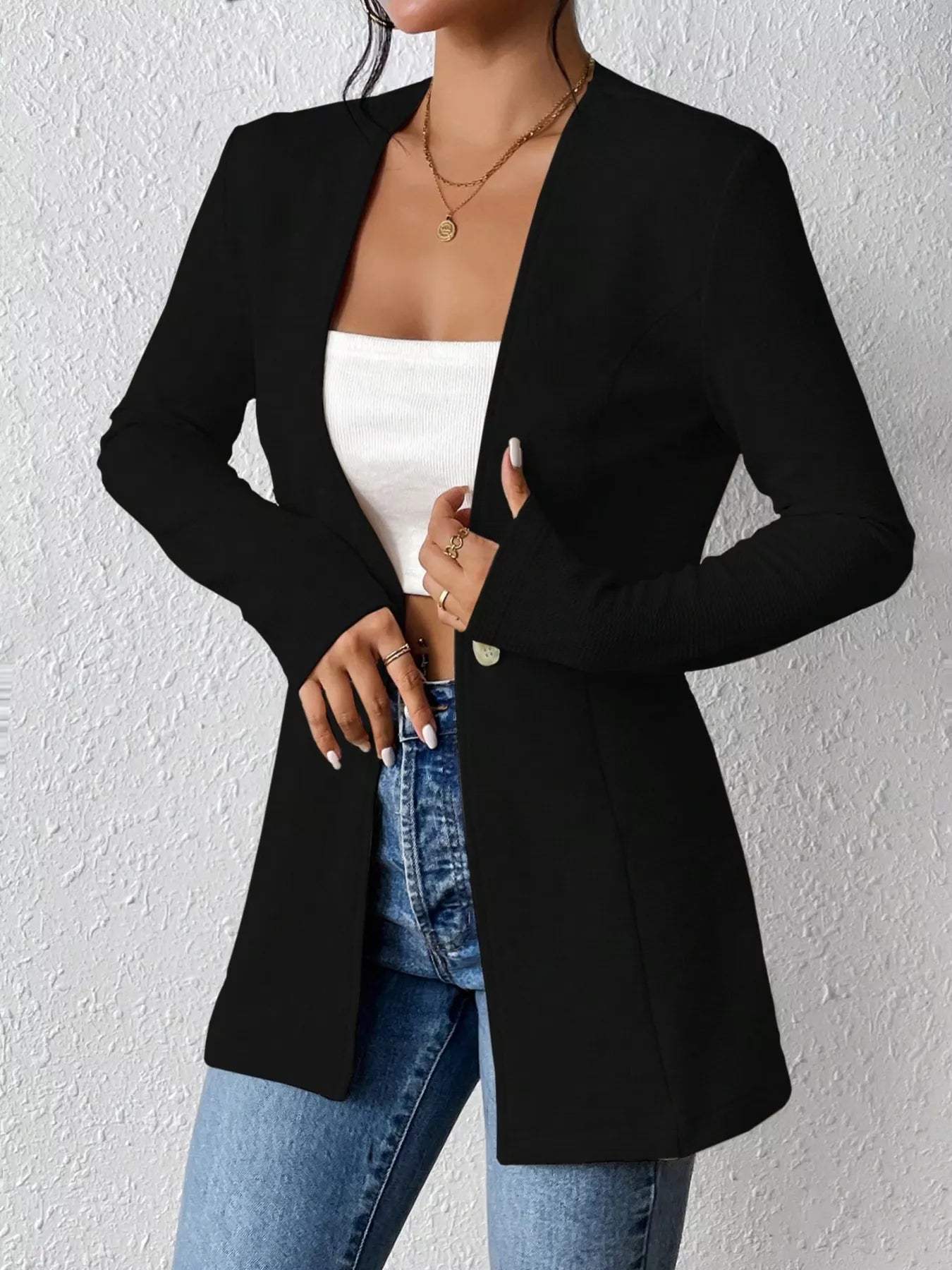 One Button Long Sleeve Blazer - Trendsi - Flyclothing LLC