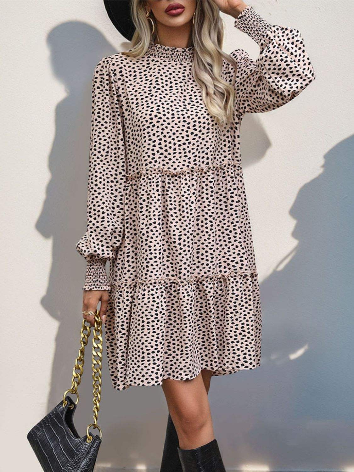 Frill Printed Mock Neck Long Sleeve Mini Dress - Trendsi - Flyclothing LLC