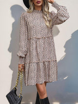 Frill Printed Mock Neck Long Sleeve Mini Dress - Trendsi - Flyclothing LLC