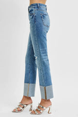 RISEN Full Size High Rise Ankle Straight Wide Cuffed Jeans Plus Size - Trendsi - Flyclothing LLC