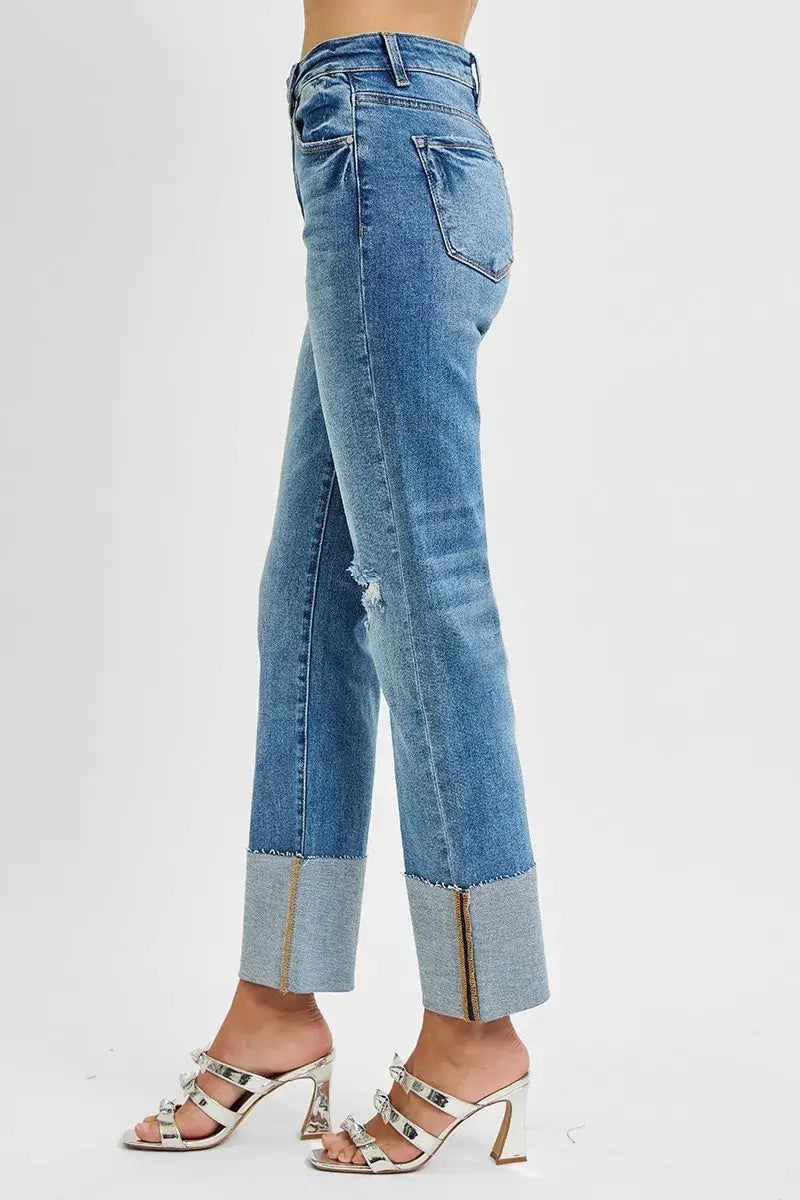 RISEN Full Size High Rise Ankle Straight Wide Cuffed Jeans Plus Size - Trendsi - Flyclothing LLC