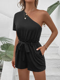 Single Shoulder Tie Waist Romper - Trendsi