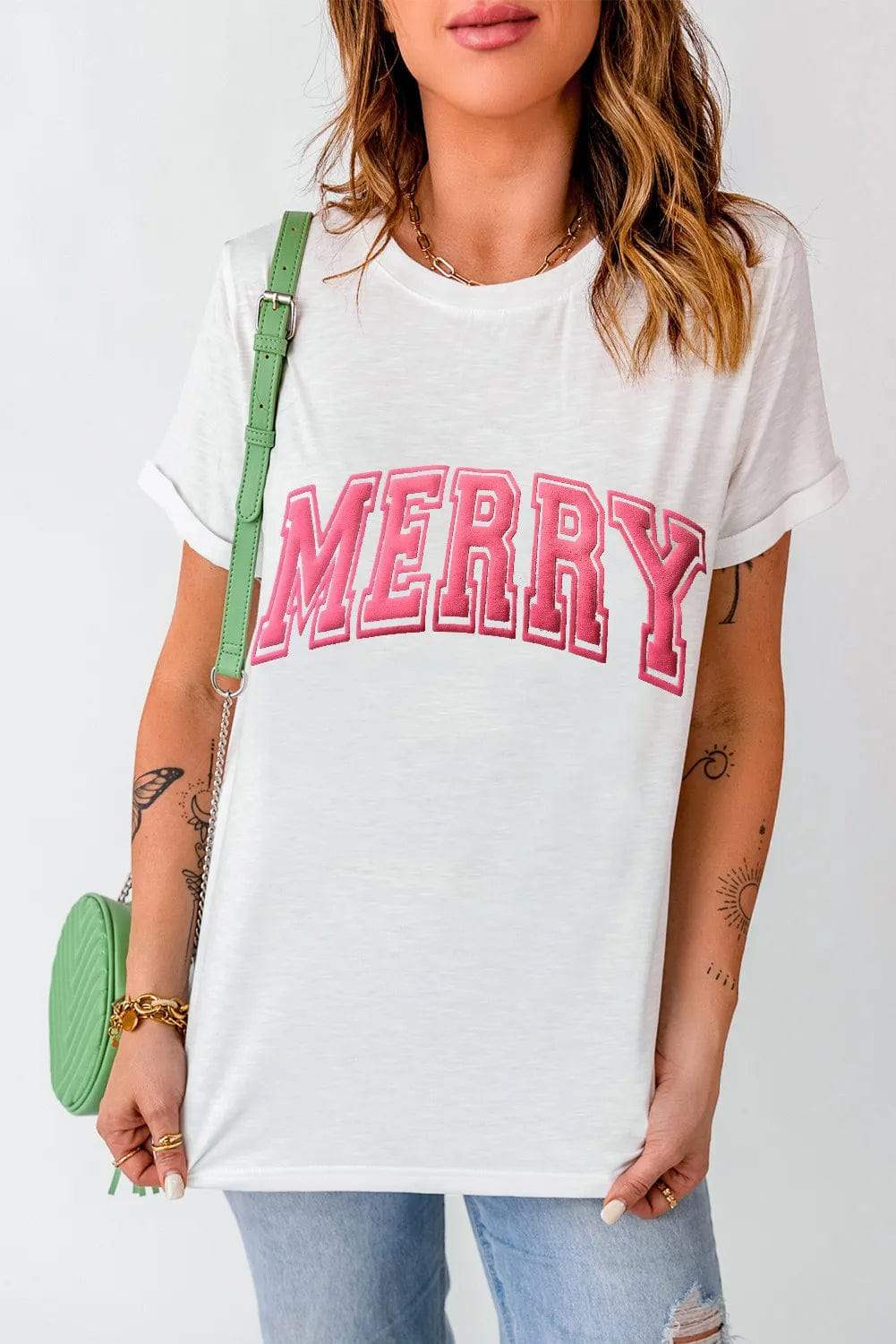MERRY Round Neck Short Sleeve T-Shirt - Trendsi - Flyclothing LLC