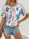 Printed Round Neck Lace Short Sleeve Top - Trendsi