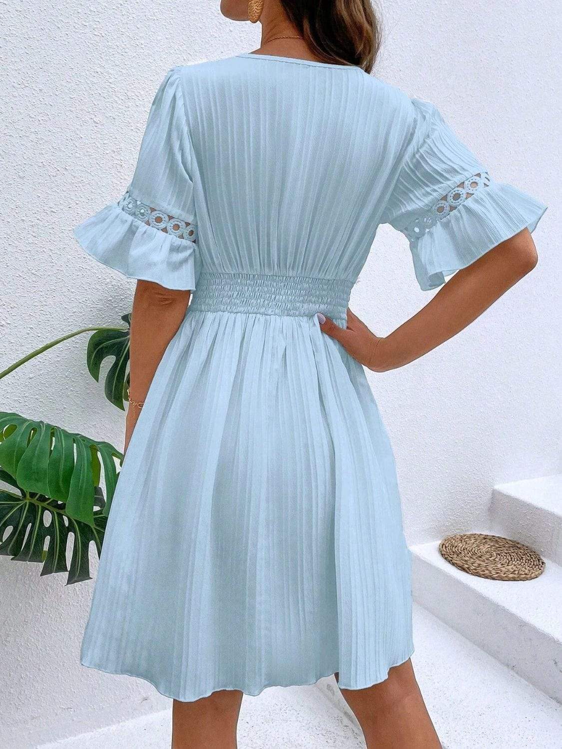 Cutout V-Neck Flounce Sleeve Mini Dress - Trendsi - Flyclothing LLC