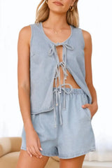 Tied Front V-Neck Vest and Shorts Denim Set - Trendsi - Flyclothing LLC