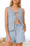 Tied Front V-Neck Vest and Shorts Denim Set - Trendsi