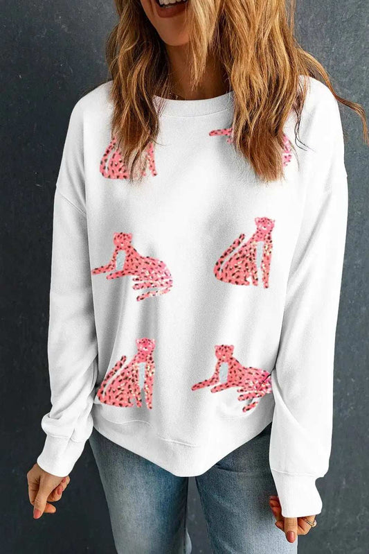 Leopard Round Neck Long Sleeve Sweatshirt - Trendsi - Flyclothing LLC