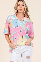 BOMBOM Floral Collared Neck Half Sleeve Top - Trendsi - Flyclothing LLC