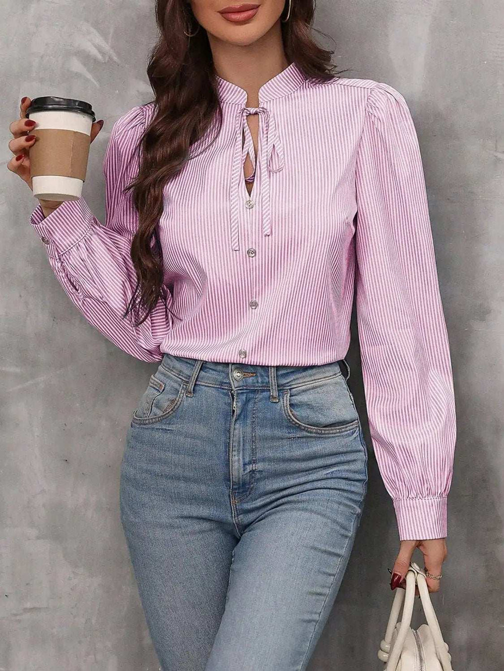 Striped Tie Neck Long Sleeve Blouse - Trendsi - Flyclothing LLC