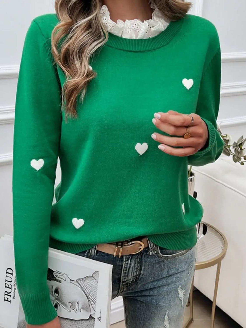 Lace Detail Heart Long Sleeve Sweater - Trendsi - Flyclothing LLC