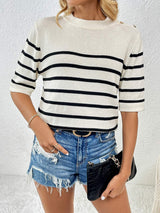 Striped Round Neck Half Sleeve Knit Top - Trendsi - Flyclothing LLC