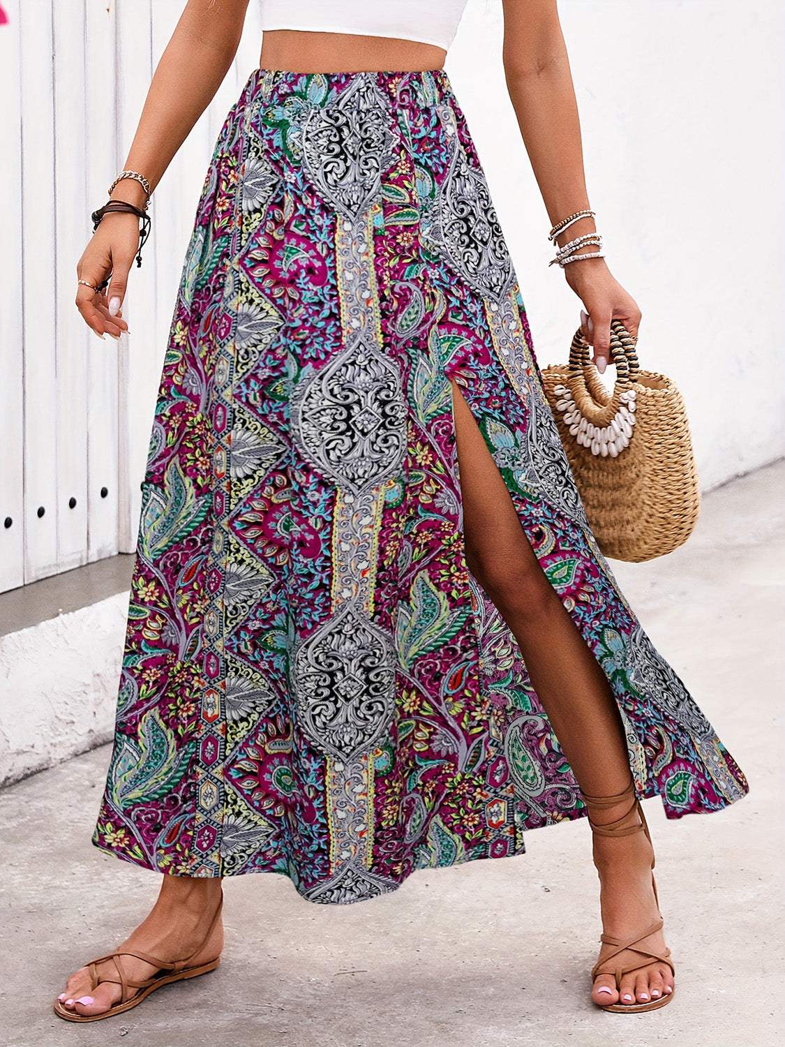 Slit Printed Elastic Waist Skirt - Trendsi - Flyclothing LLC