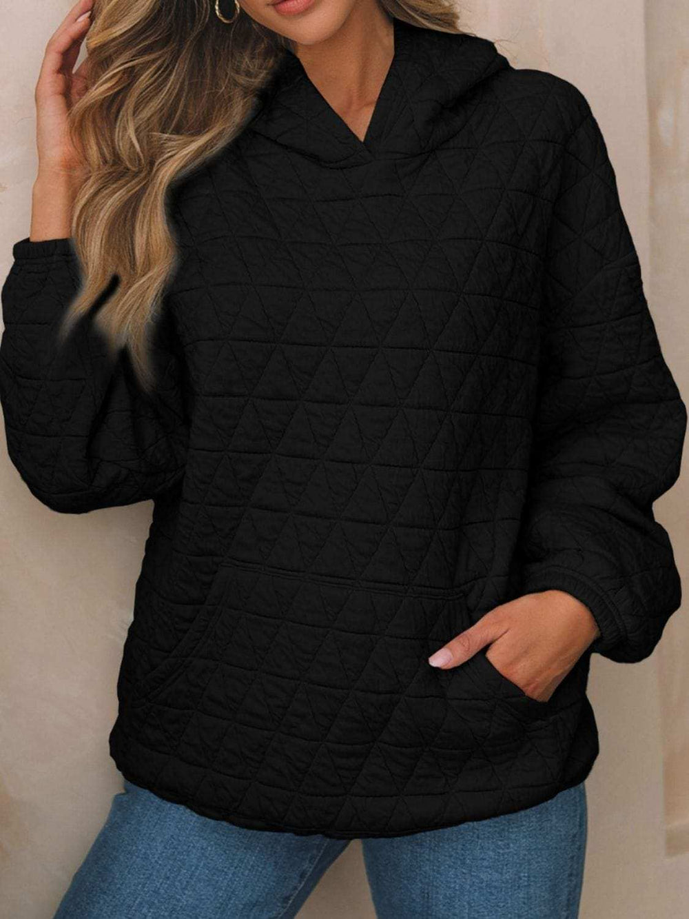 Textured Long Sleeve Hoodie with Pockets - Trendsi - Flyclothing LLC