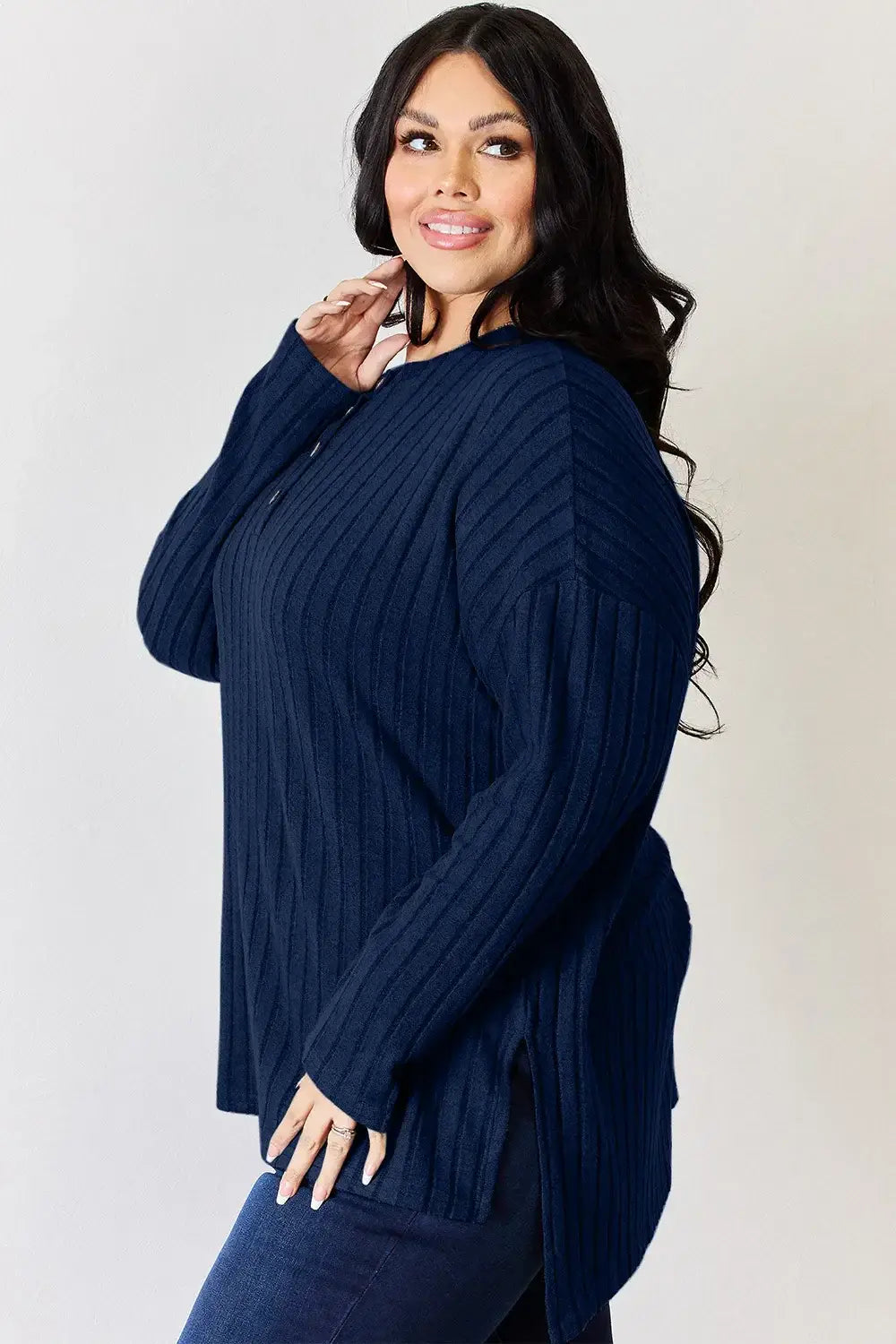 Basic Bae Full Size Ribbed Half Button Long Sleeve High-Low T-Shirt - ShopBasicbae - Flyclothing LLC