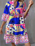 Printed Notched 3/4 Sleeve Tiered Dress - Trendsi - Flyclothing LLC