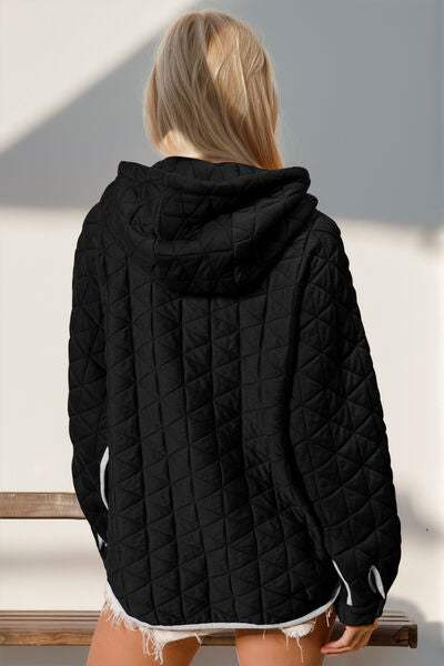Double Take Contrast Trim Long Sleeve Half Snap Texture Hoodie with Pocket - Trendsi - Flyclothing LLC