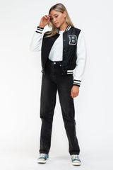 Love Me Now PU Leather Contrast Snap Down Bomber Jacket - Trendsi