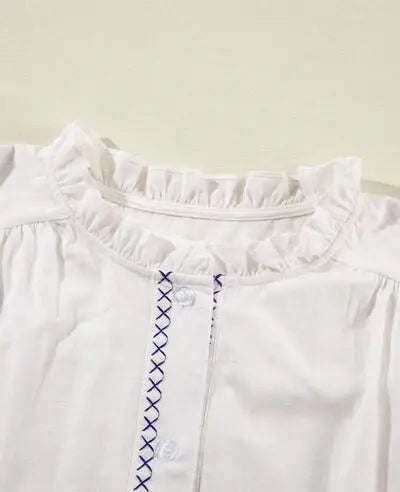 Frill Floral Embroidered Sleeve Shirt - Trendsi - Flyclothing LLC