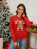 Sequin Candy Cane Round Neck Long Sleeve Sweater - Trendsi