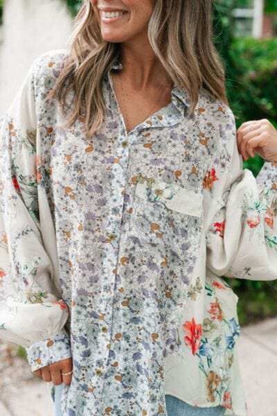 Floral Collared Neck Long Sleeve Shirt - Trendsi - Flyclothing LLC