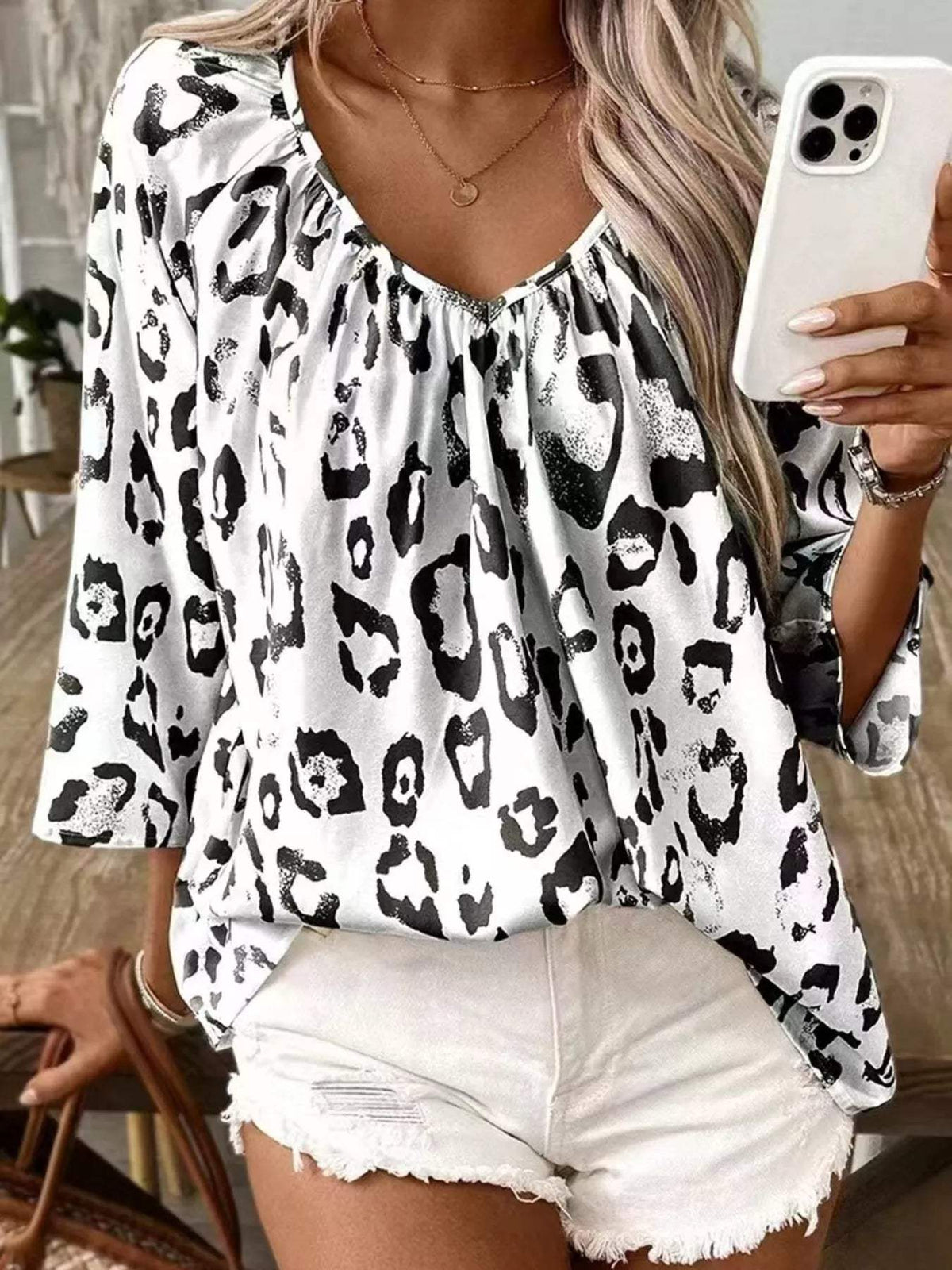 Leopard Print V-Neck Blouse - Trendsi - Flyclothing LLC