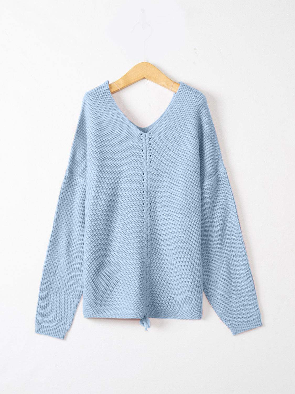Full Size Lace Up V-Neck Long Sleeve Sweater - Trendsi - Flyclothing LLC