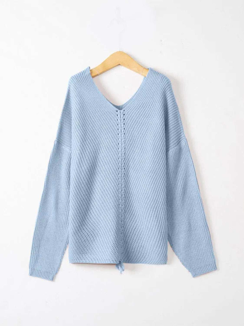 Full Size Lace Up V-Neck Long Sleeve Sweater - Trendsi - Flyclothing LLC