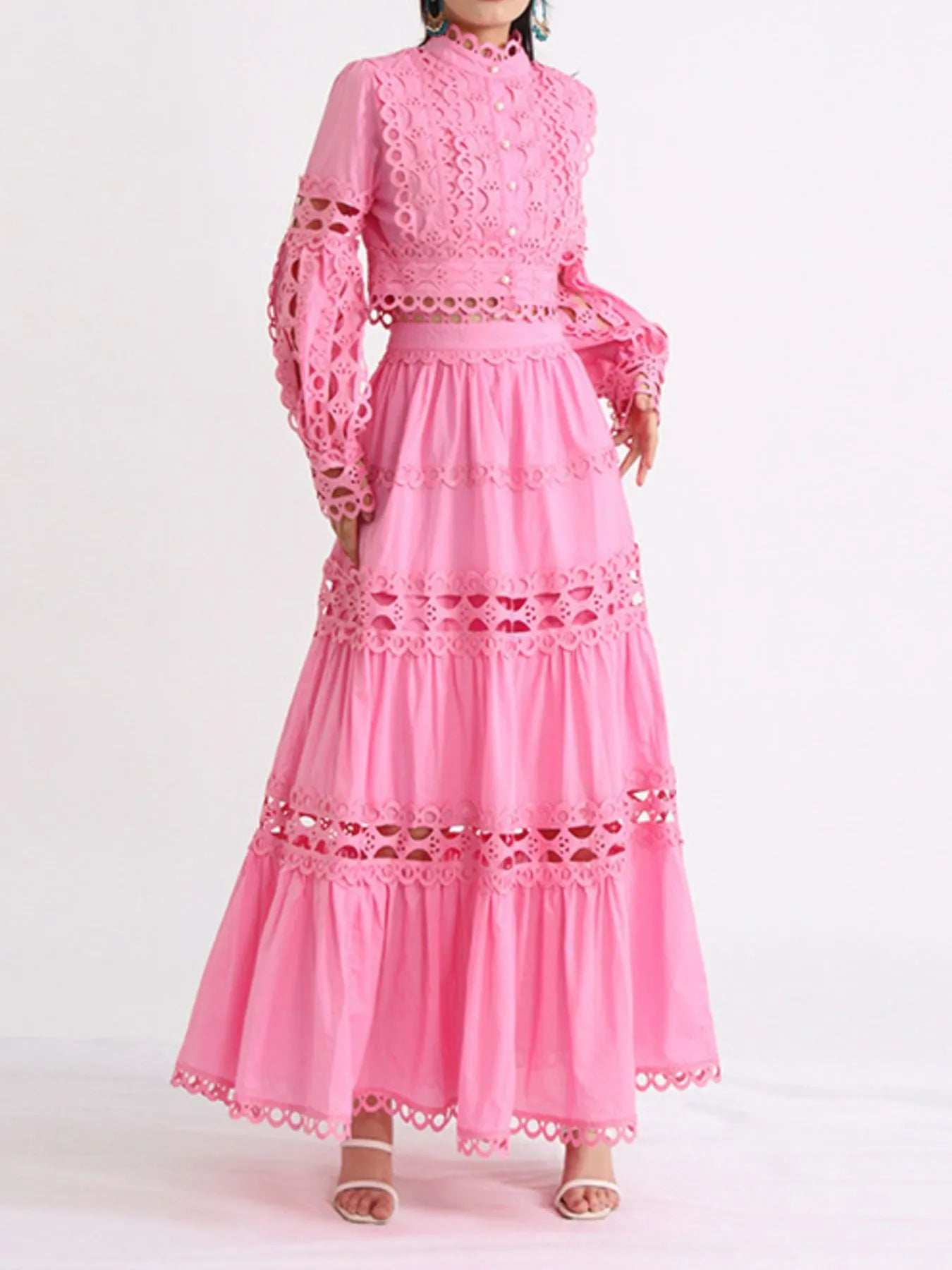 Lace Button Up Long Sleeve Top and Skirt Set - Trendsi - Flyclothing LLC