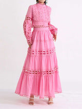 Lace Button Up Long Sleeve Top and Skirt Set - Trendsi - Flyclothing LLC