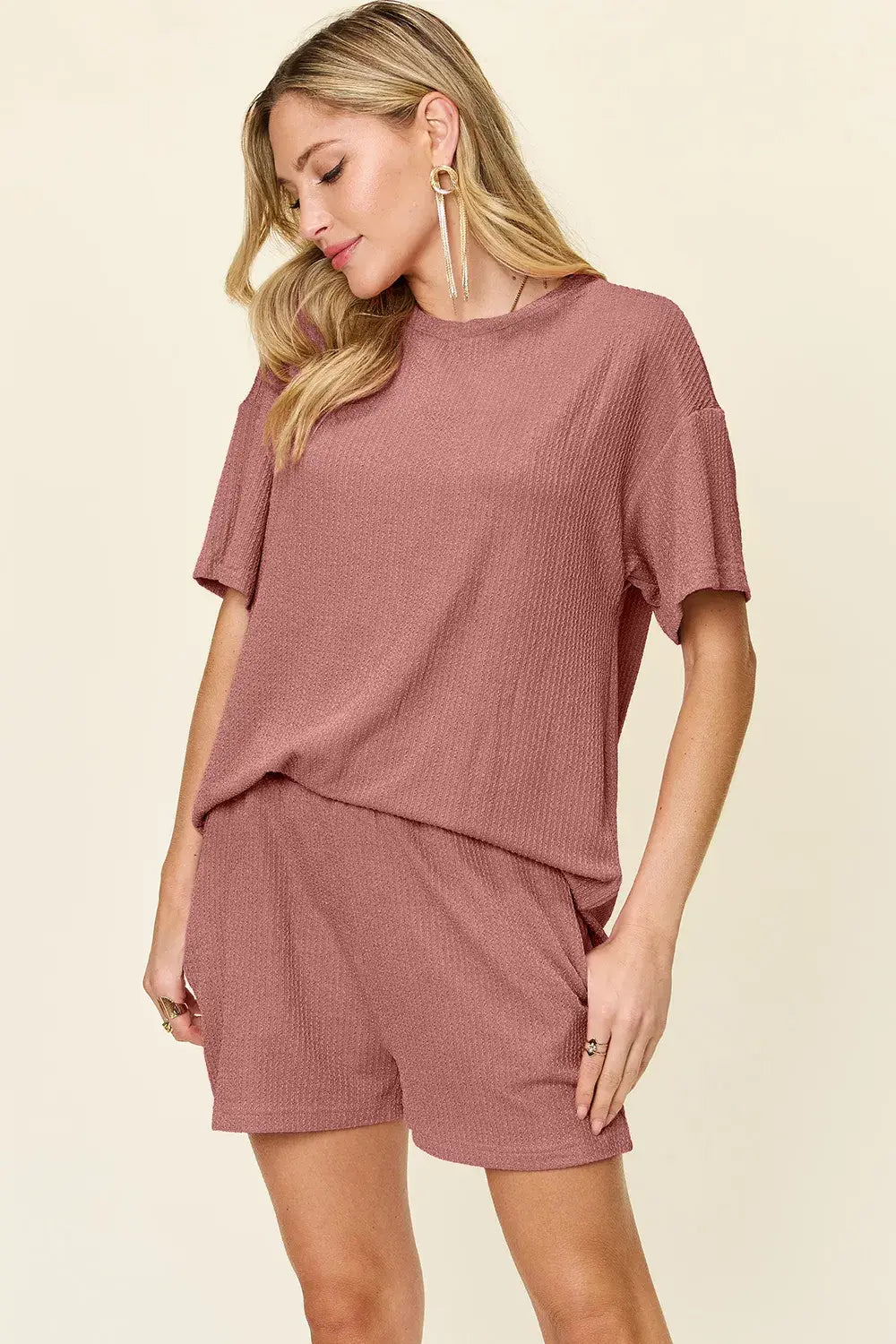 Double Take Full Size Round Neck Short Sleeve T-Shirt and Shorts Set - Trendsi - Flyclothing LLC