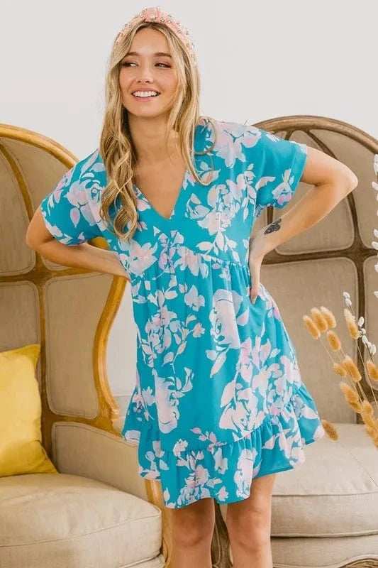 BiBi Floral Crinkle Shirred Ruffle Detail V Neck Dress - Trendsi - Flyclothing LLC